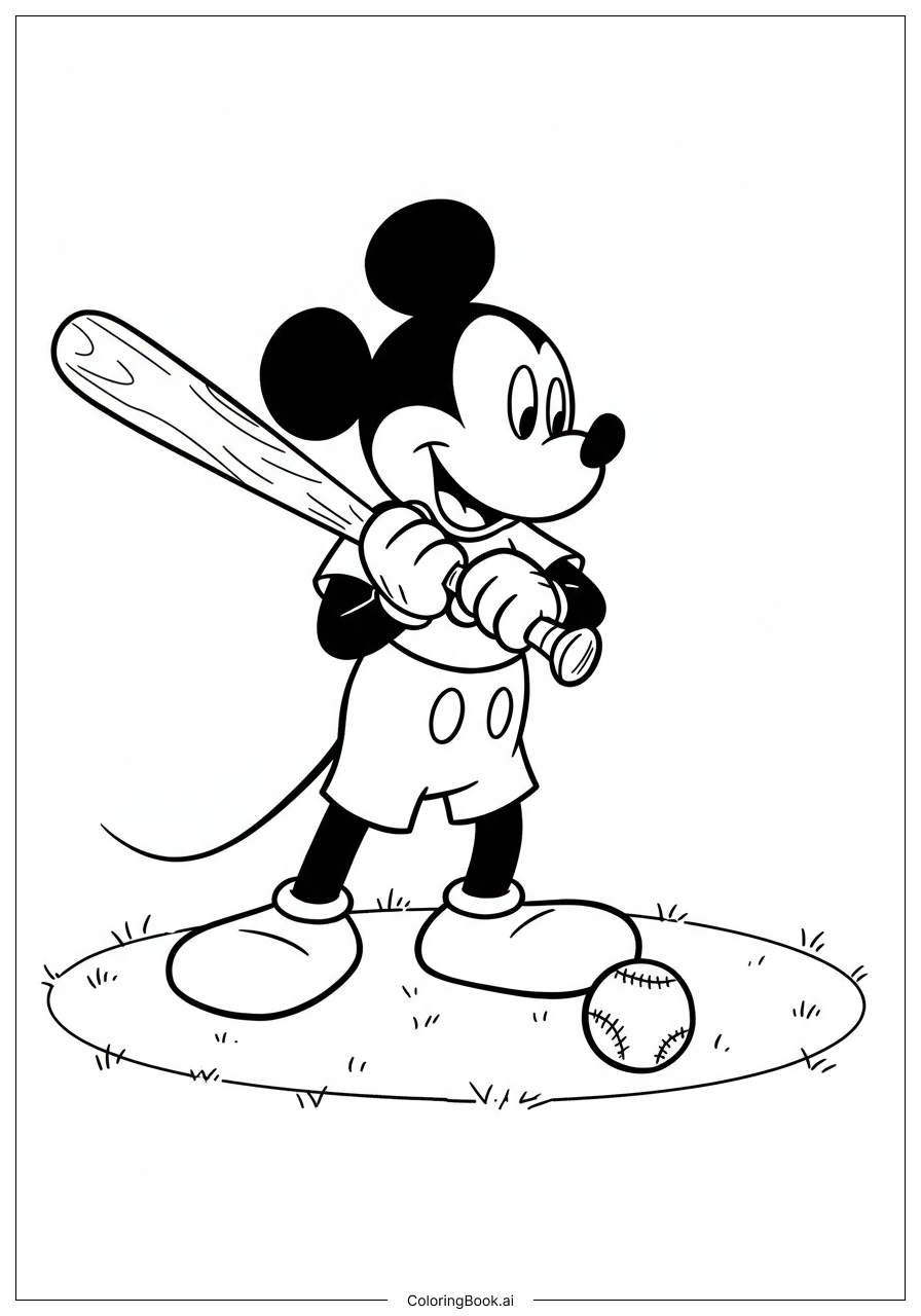 ミッキーマウスの野球遊び 塗り絵ページ（無料のPDF＆PNGプリント）