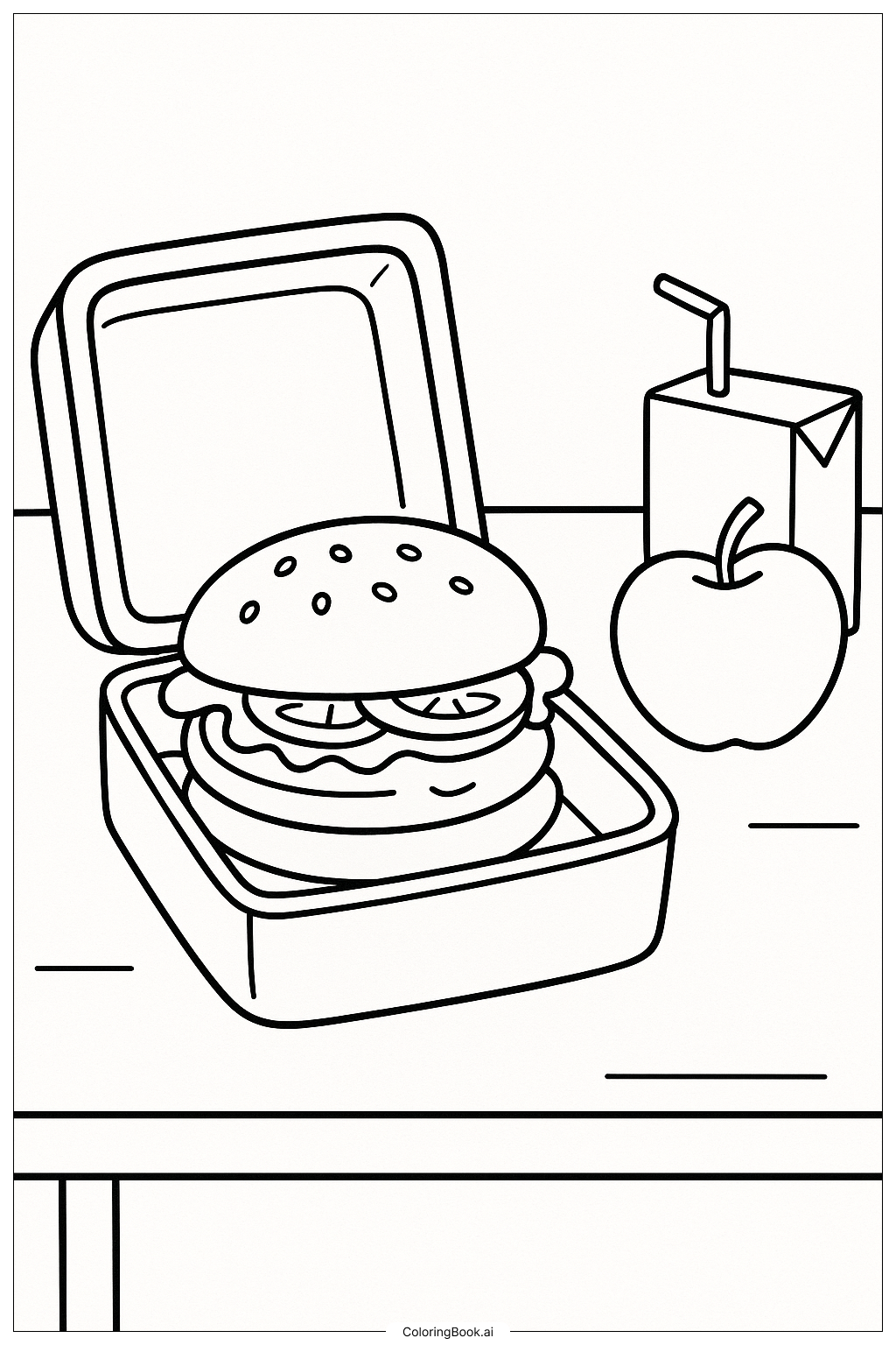  Page de coloriage Un Hamburger Dans Une Boîte à Lunch 