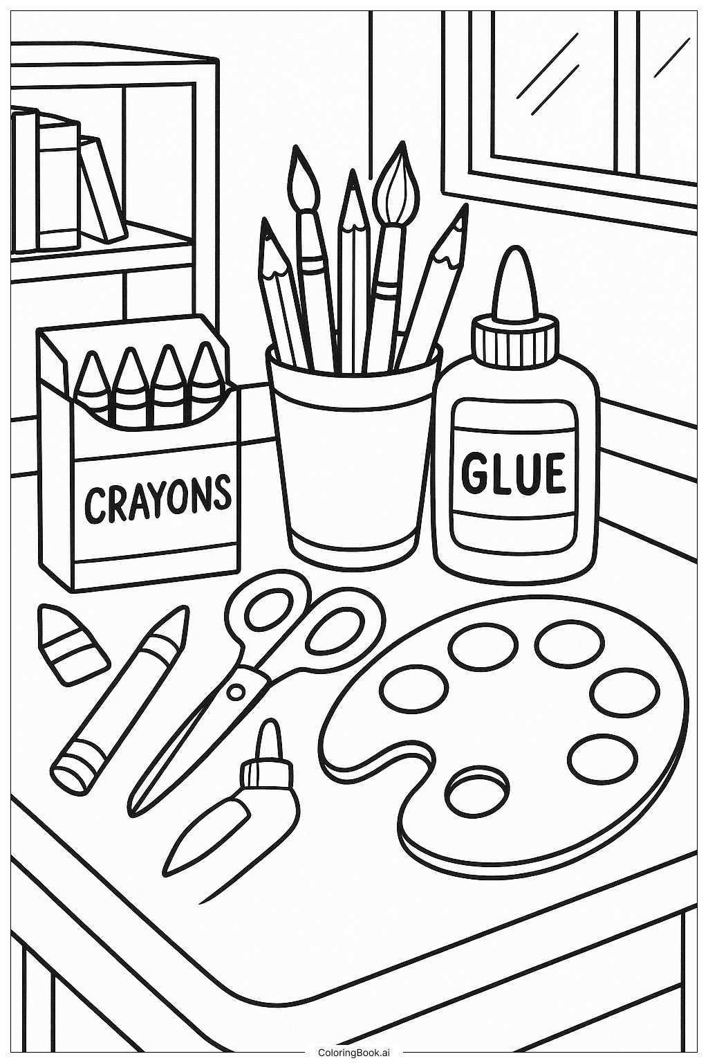  Página para colorir de Material Escolar para Aula de Arte 