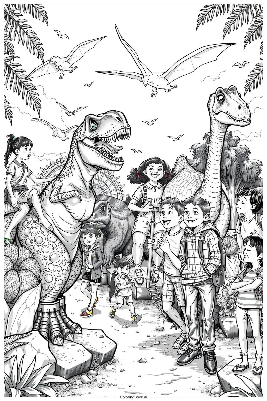  Página para colorear de Exploración del Parque de Aventuras Jurassic World 