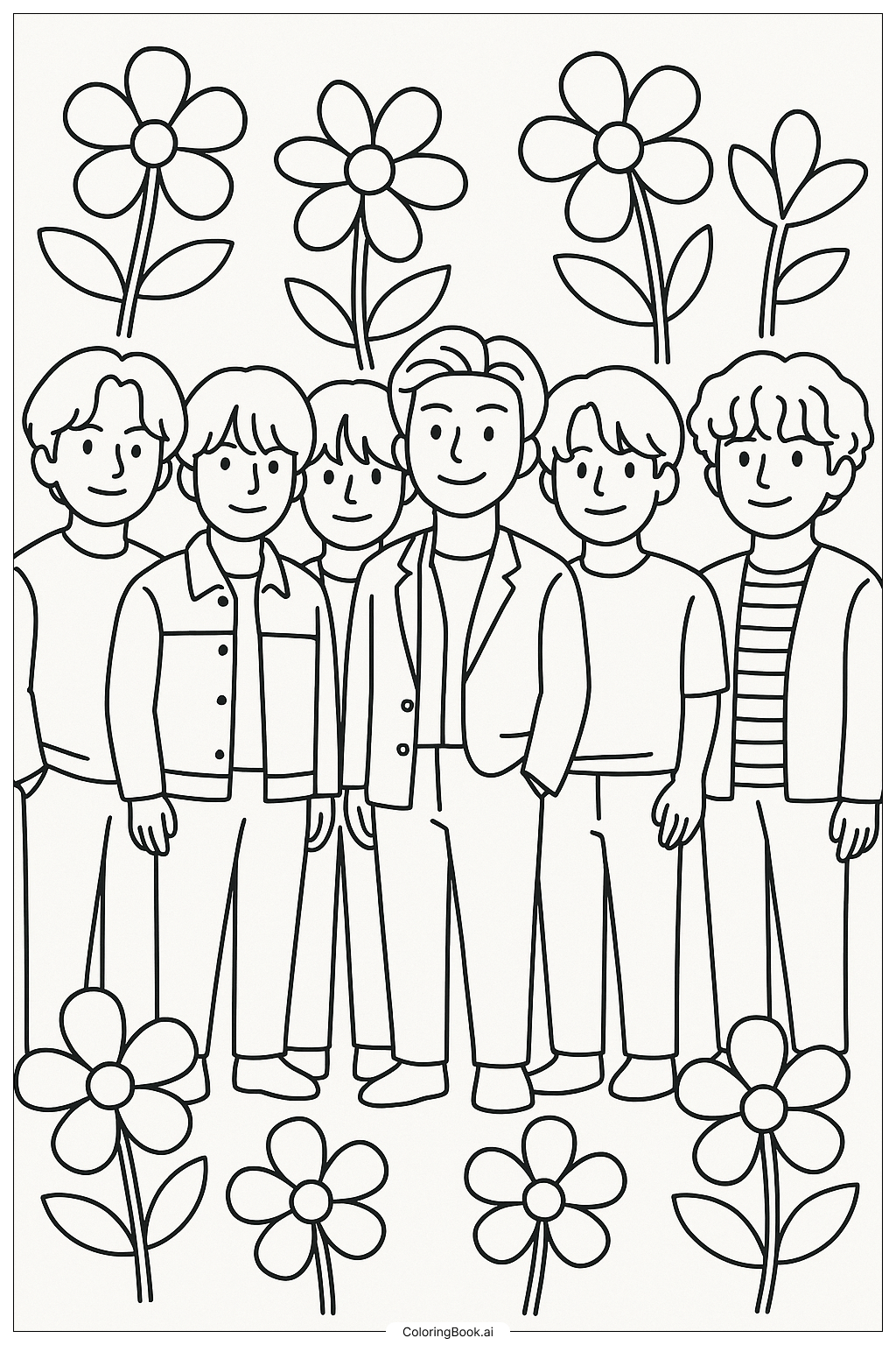 Página para colorear de BTS Rodeados de Flores