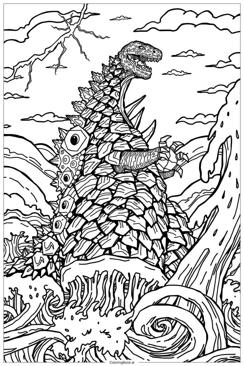  Página para colorear de godzilla emergiendo del océano-2 