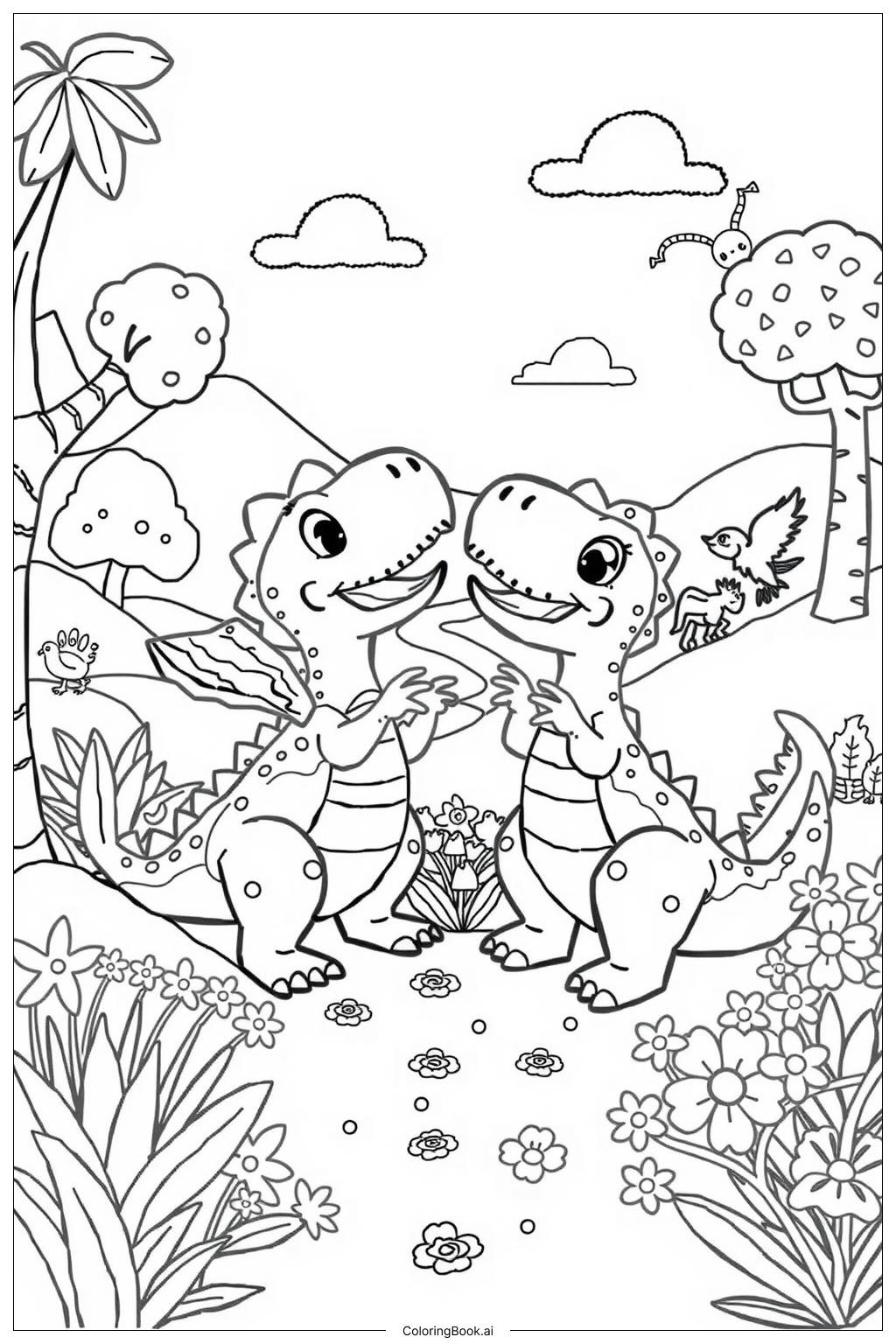  Dinosaur Making Friends Coloring Page 