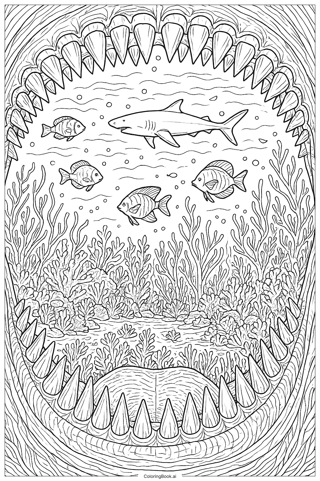  Blick aus dem Inneren des Mauls des Megalodons Ausmalseite 