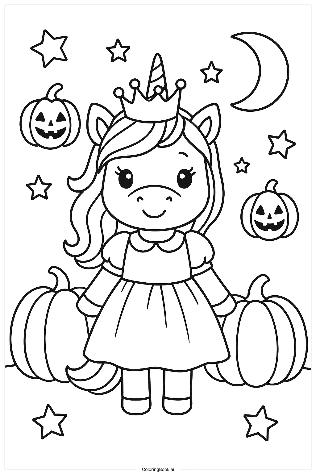  かわいいユニコーンのハロウィンプリンセスの塗り絵ページ 