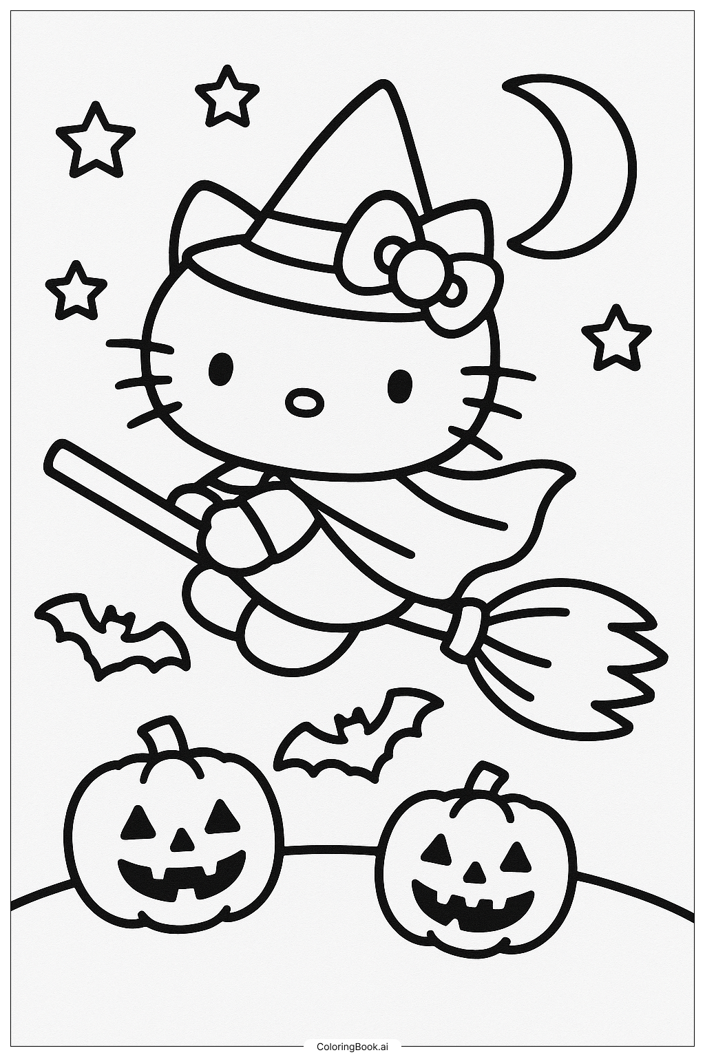  Trang tô màu Hello Kitty Bay Trên Chổi 