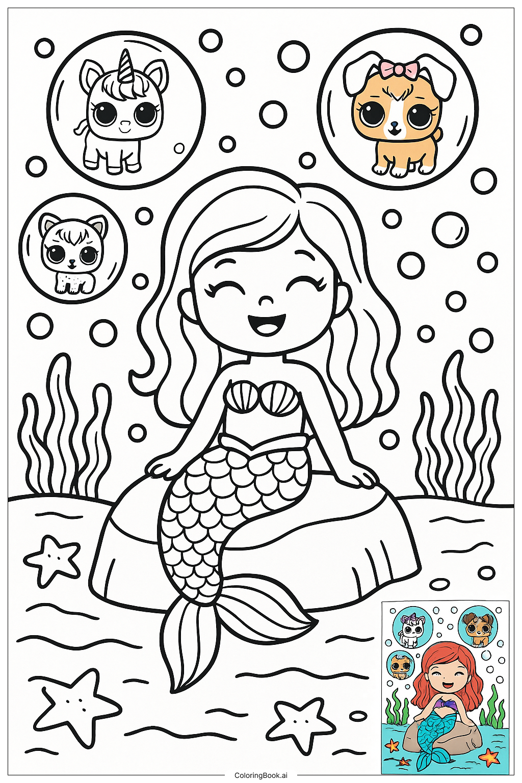  Mermaid With LOL Pets In Bubbles Coloring Page 