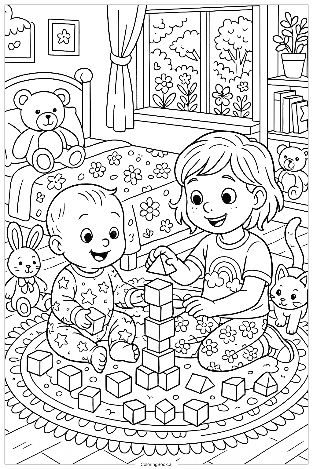  Baby And Sibling Playing Together Coloring Page 