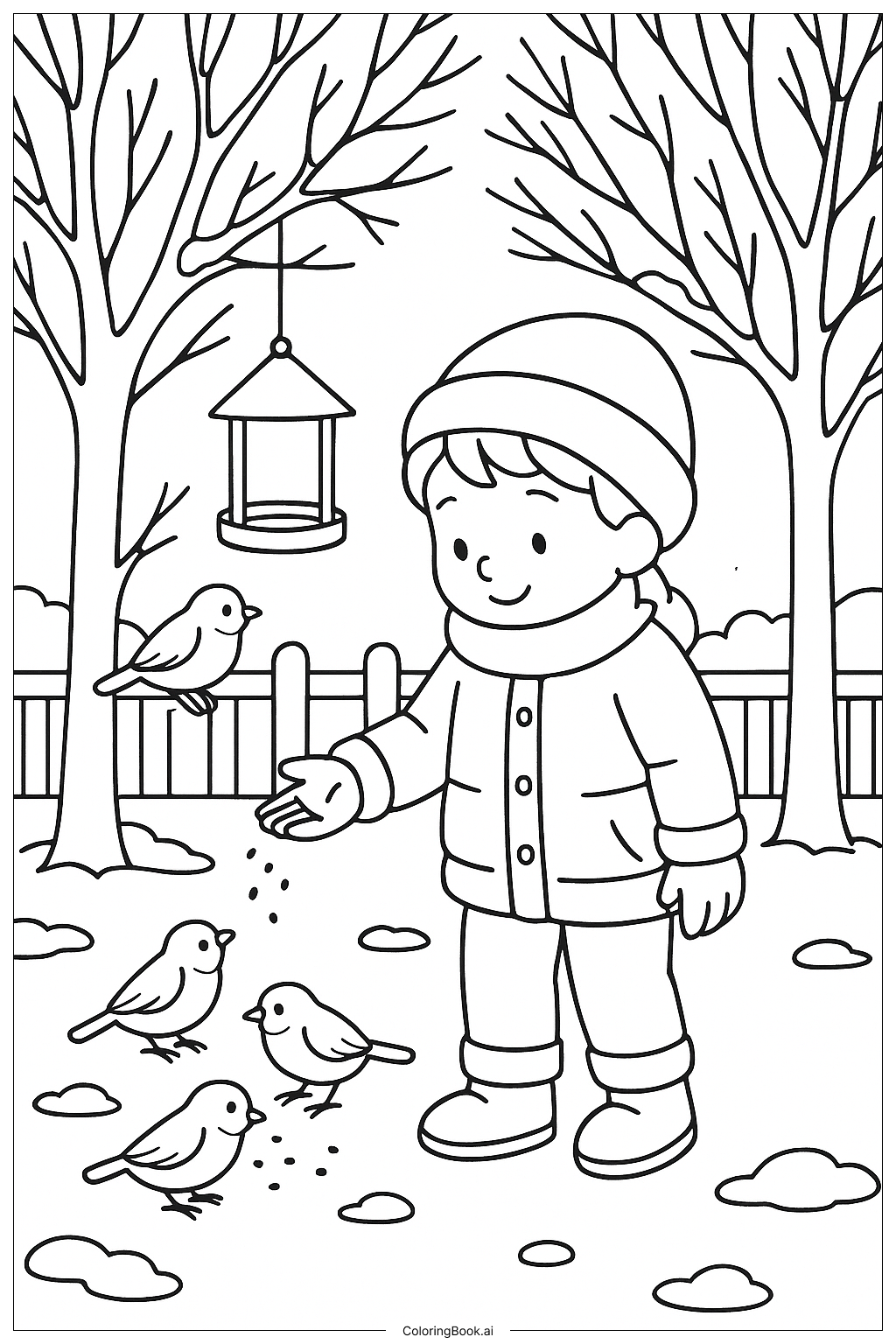  冬の庭で鳥に餌をあげるの塗り絵ページ 
