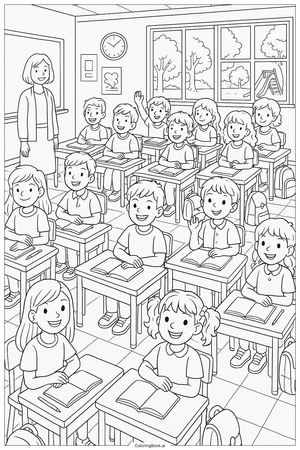  Page de coloriage Toute la classe le premier jour d'école 