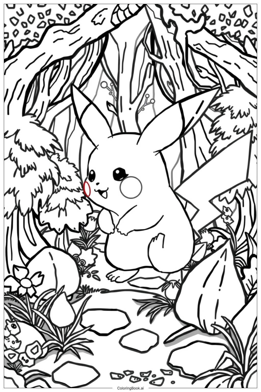  Pikachu Exploring a Magical Forest Coloring Page 