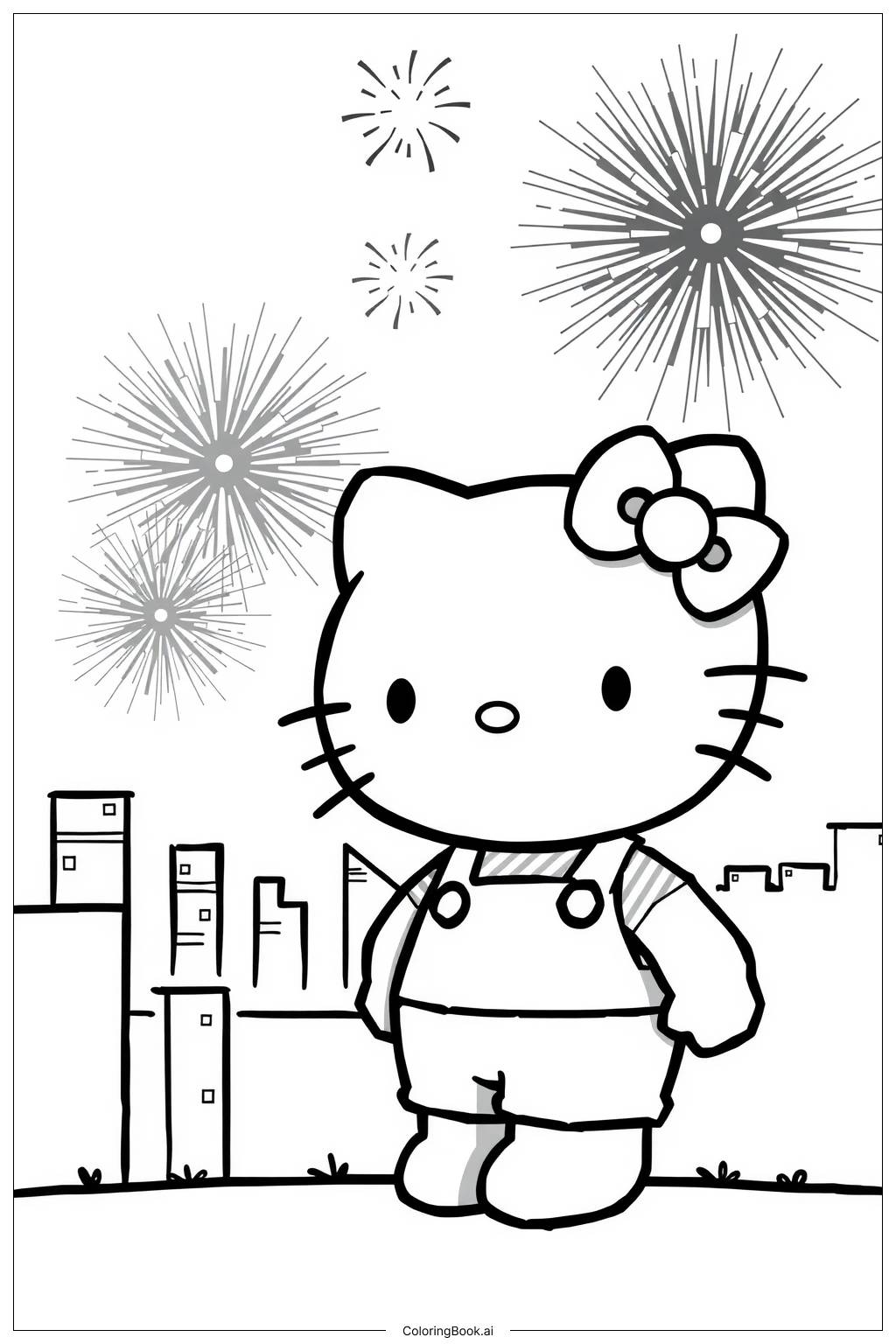  Hello Kitty Watching Colorful Fireworks Coloring Page 