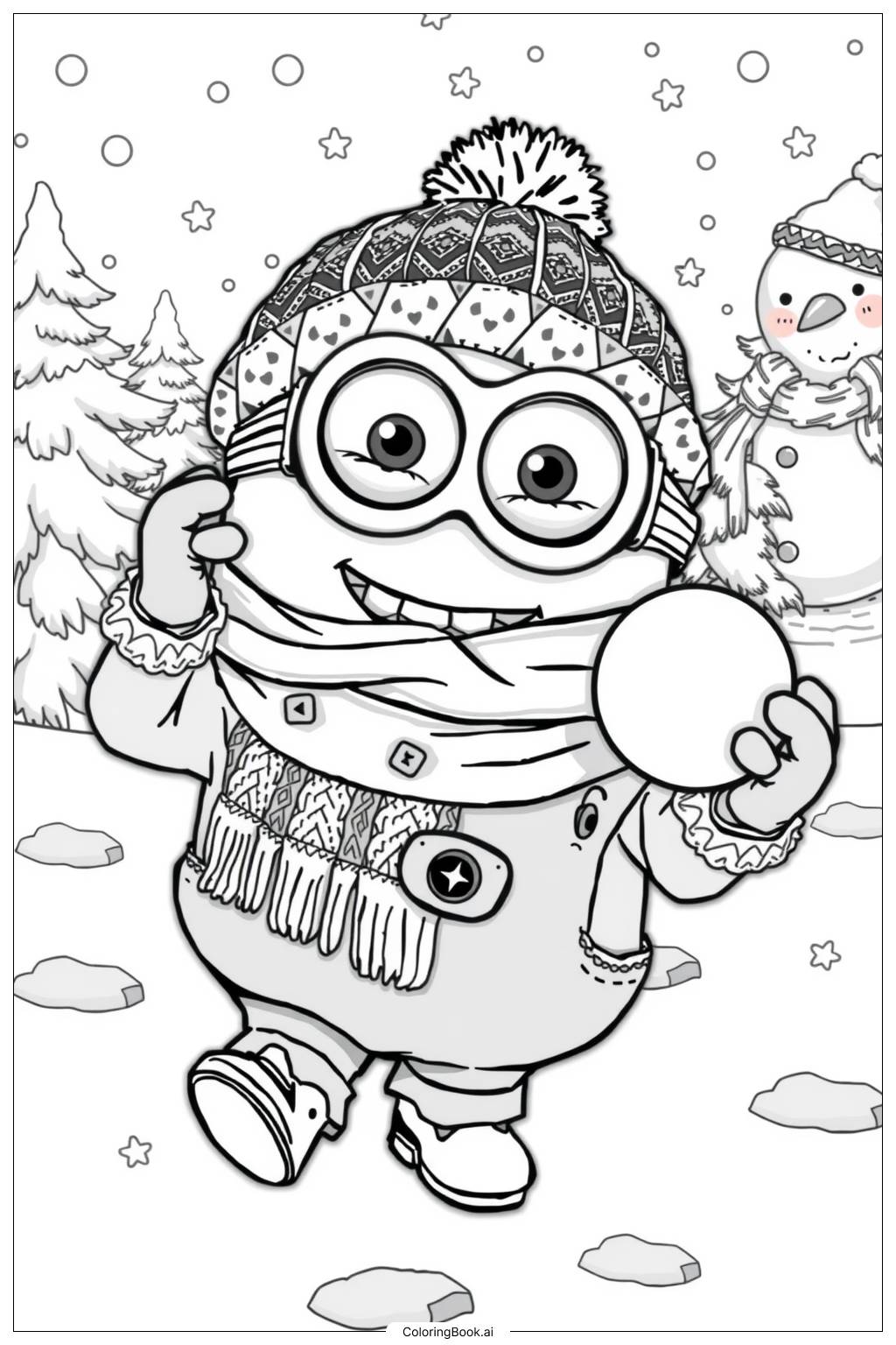  minion playing in the snow during winter Coloring Page 