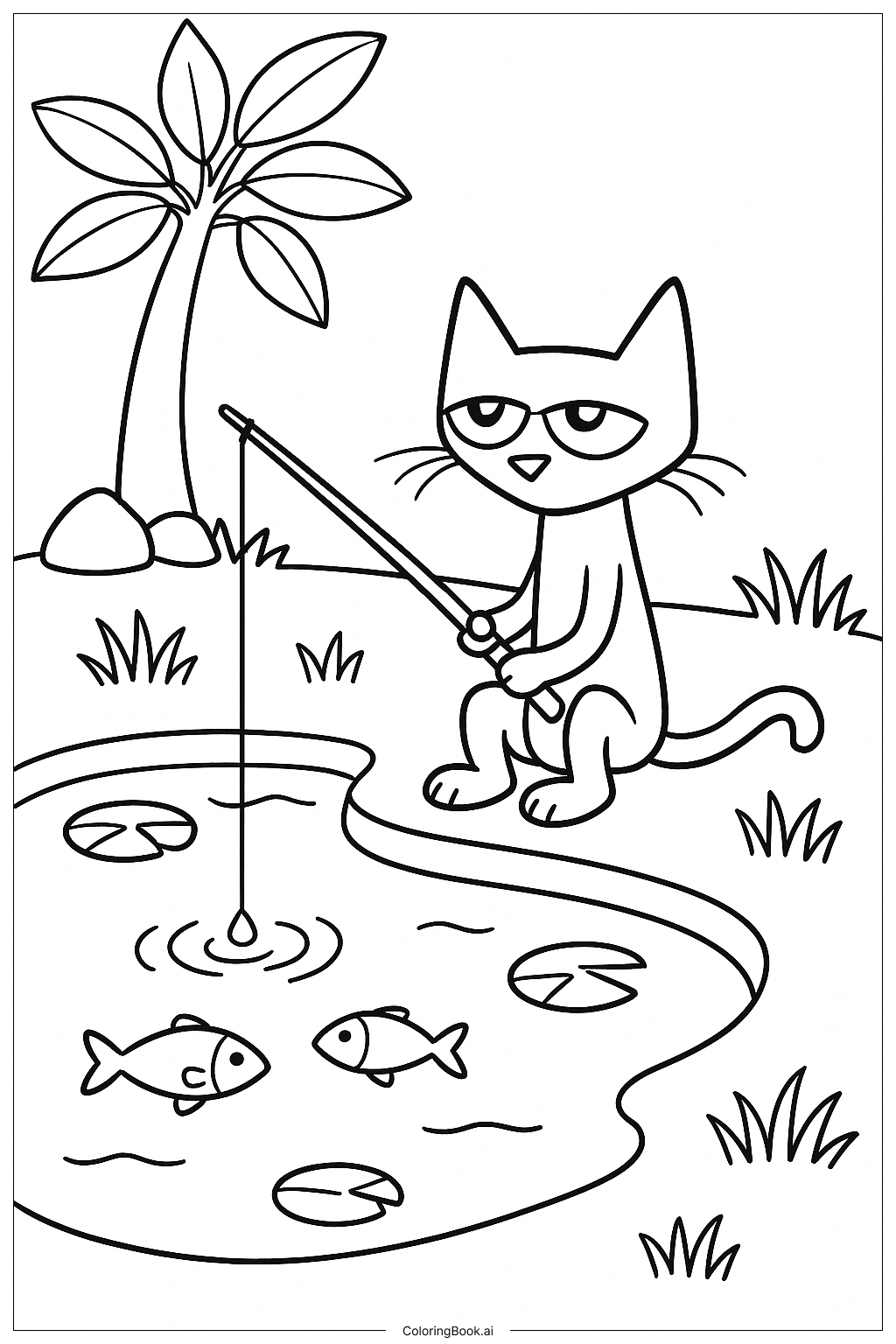  皮特猫在池塘边钓鱼填色页 