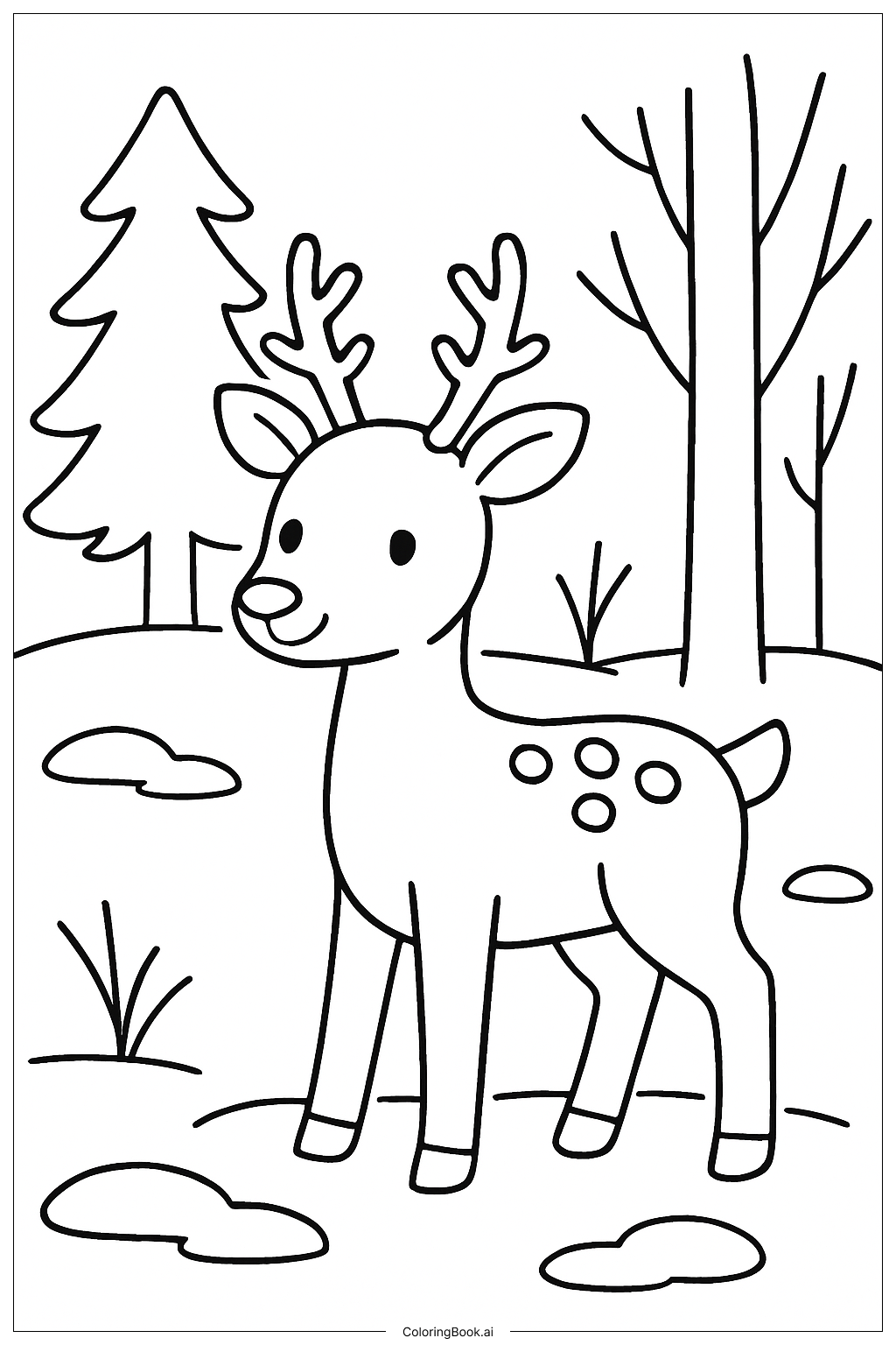  冬の森のシカの塗り絵ページ 