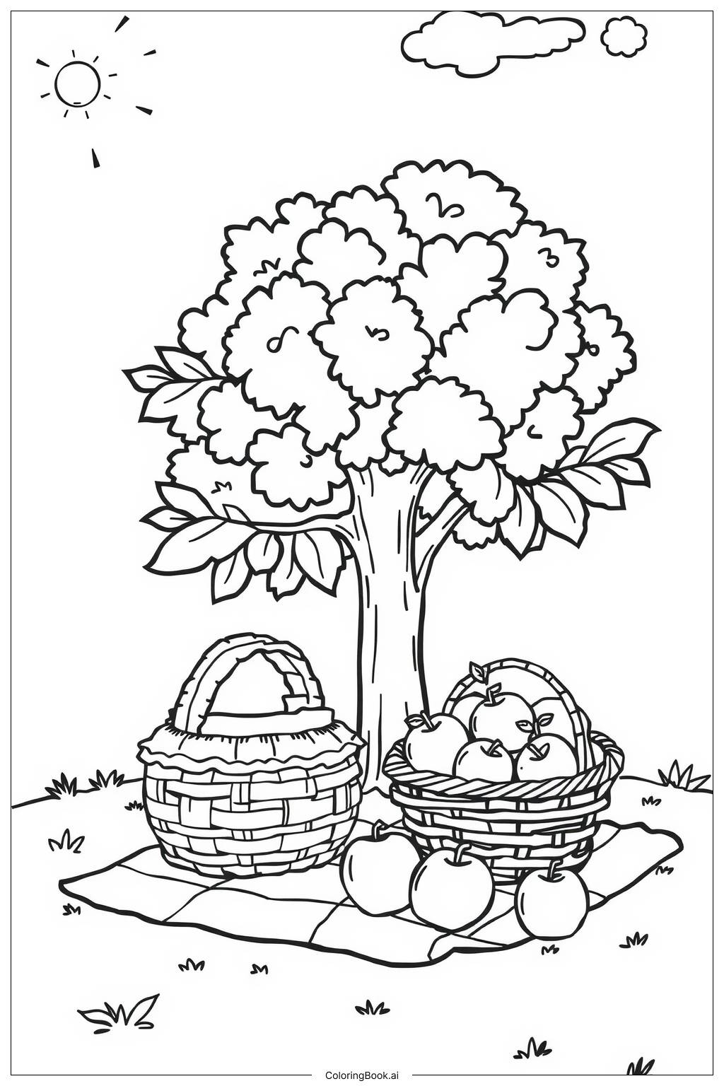  Apple-themed Picnic Under a Tree Coloring Page 