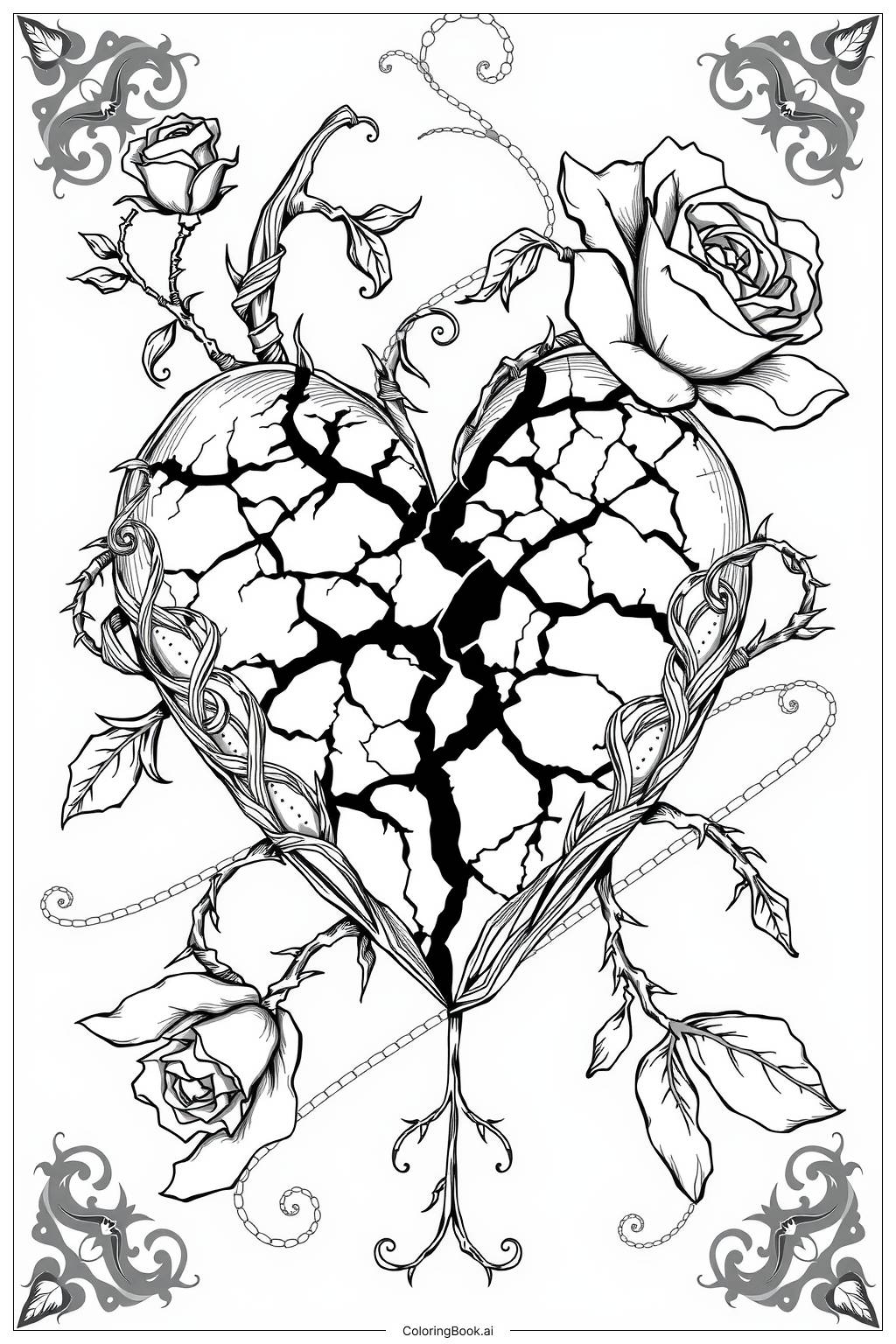  Broken Heart With Rose Petals Coloring Page 