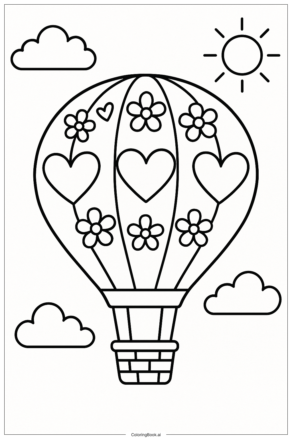  A Hot Air Balloon With Hearts and Flowers Coloring Page 