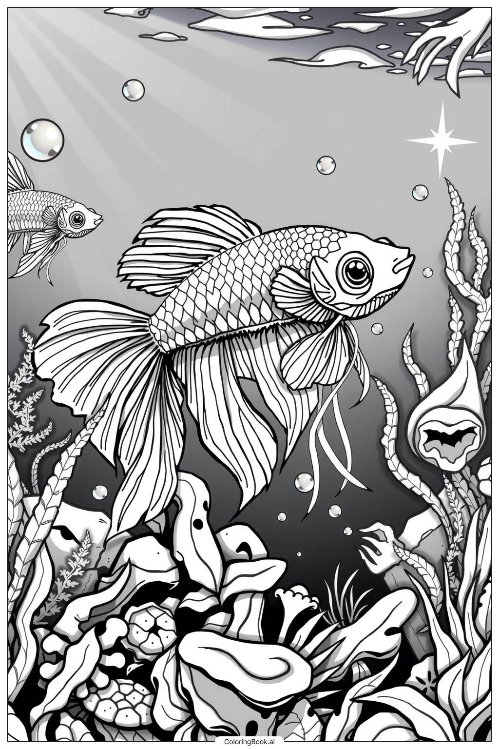  Page de coloriage Poisson Betta Nageant Gracieusement 