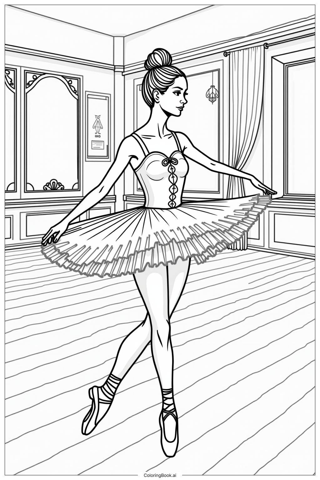  Realistic Ballerina Practicing at the Barre Coloring Page 