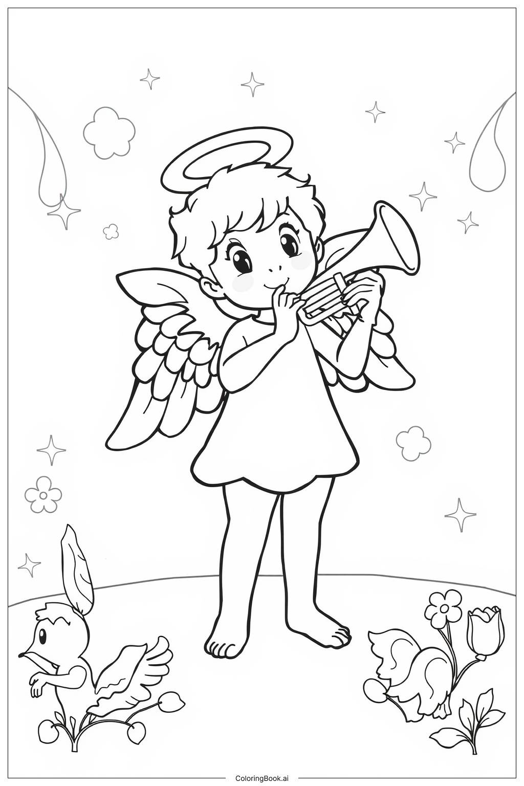  Angel Playing Golden Trumpet Coloring Page 