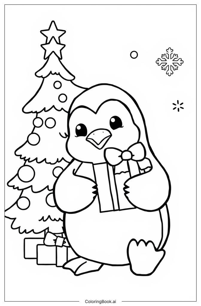  Page de coloriage pingouin kawaii tenant une boîte cadeau près d'un sapin de Noël 