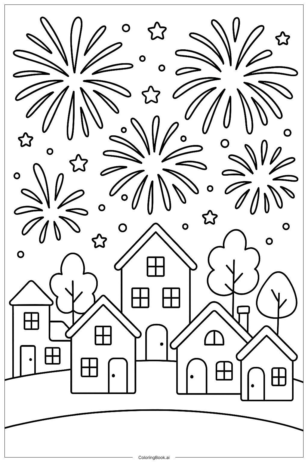 Fireworks Over A Small Town Coloring Page