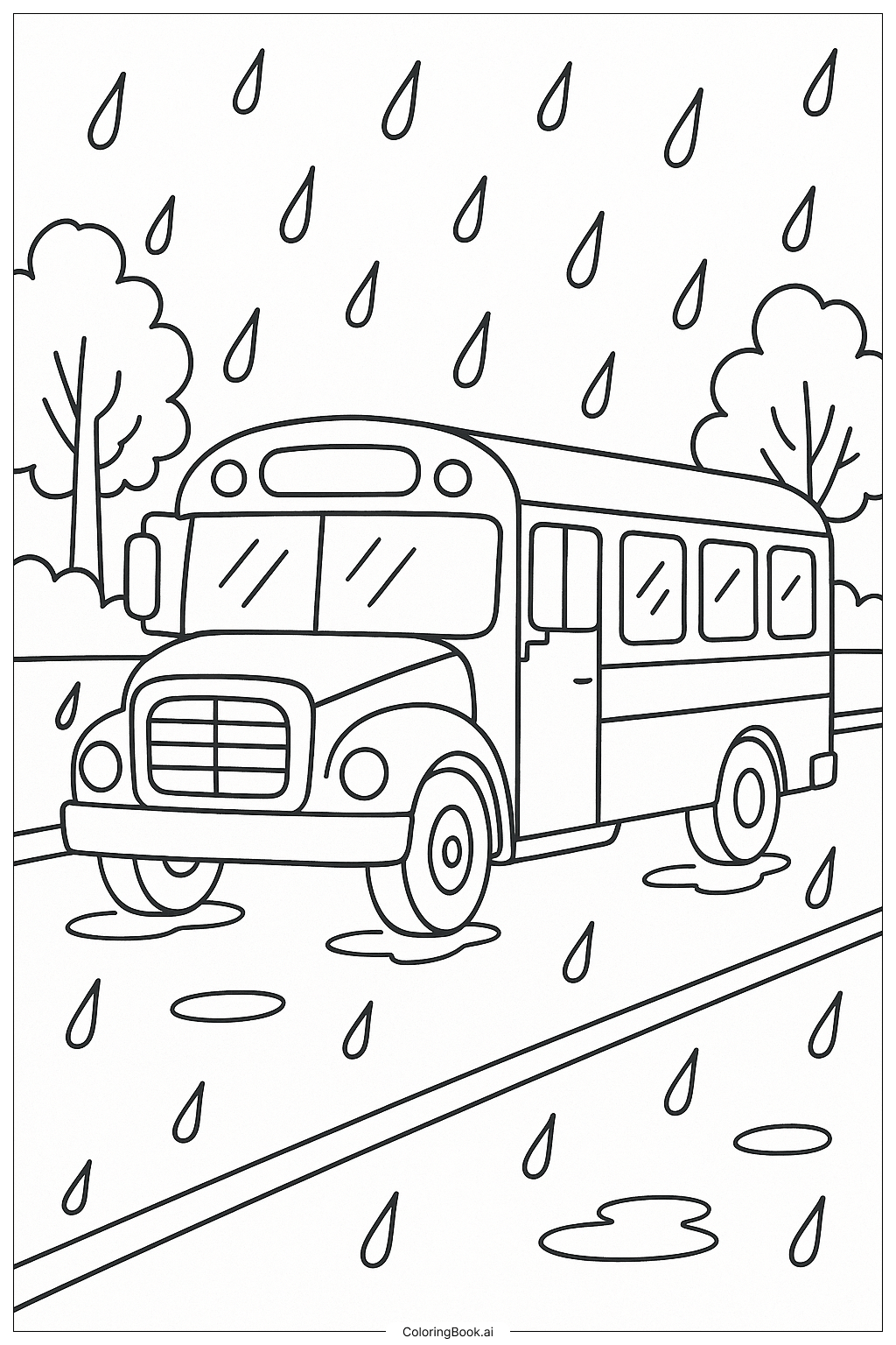  Schulbusfahren im Regen Ausmalseite 