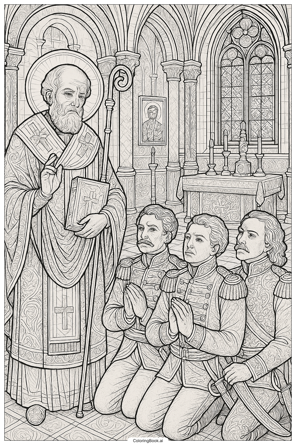 세 명의 장군을 구하는 성 니콜라스 색칠공부 페이지