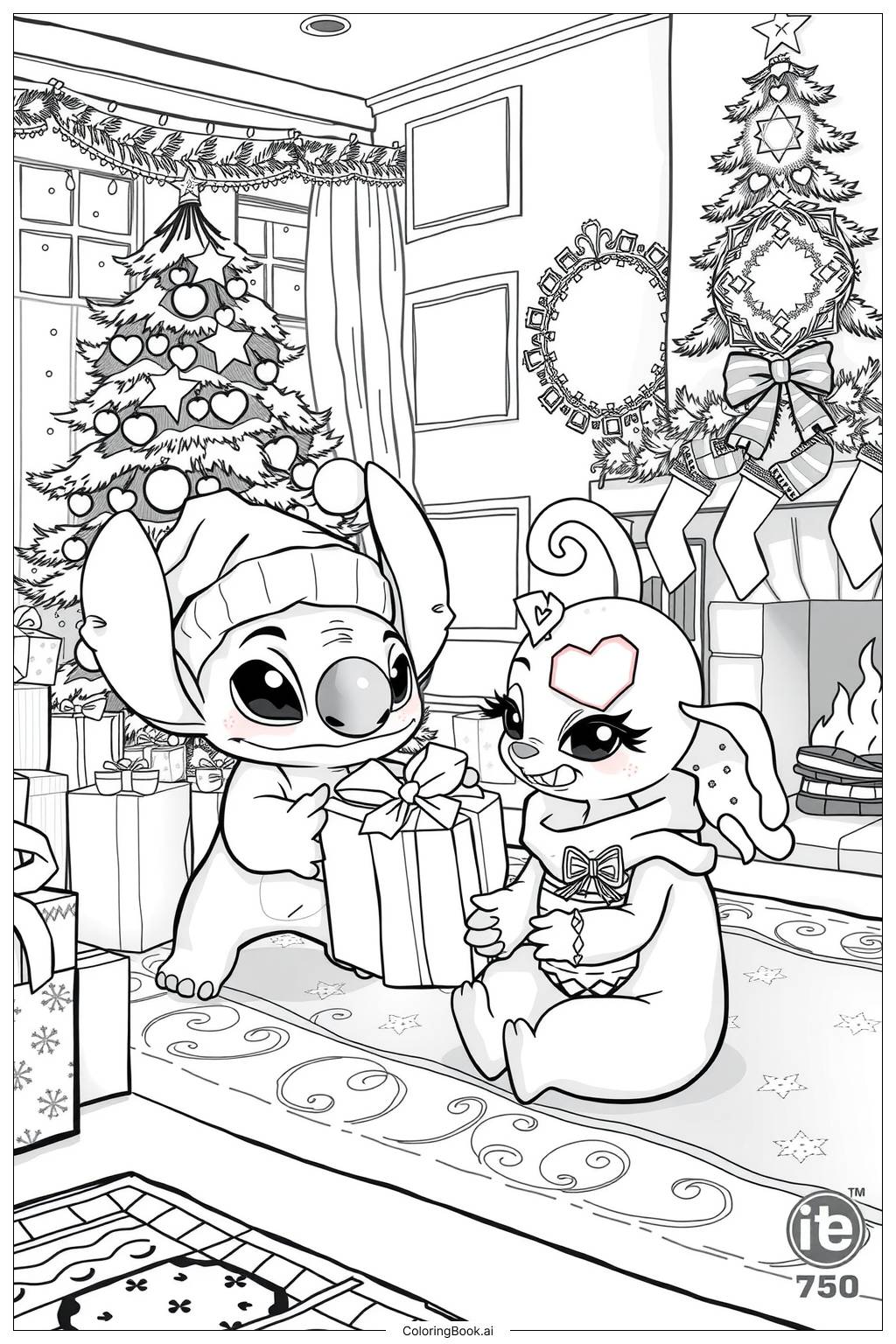  Página para colorear de Stitch y Angel en Navidad 