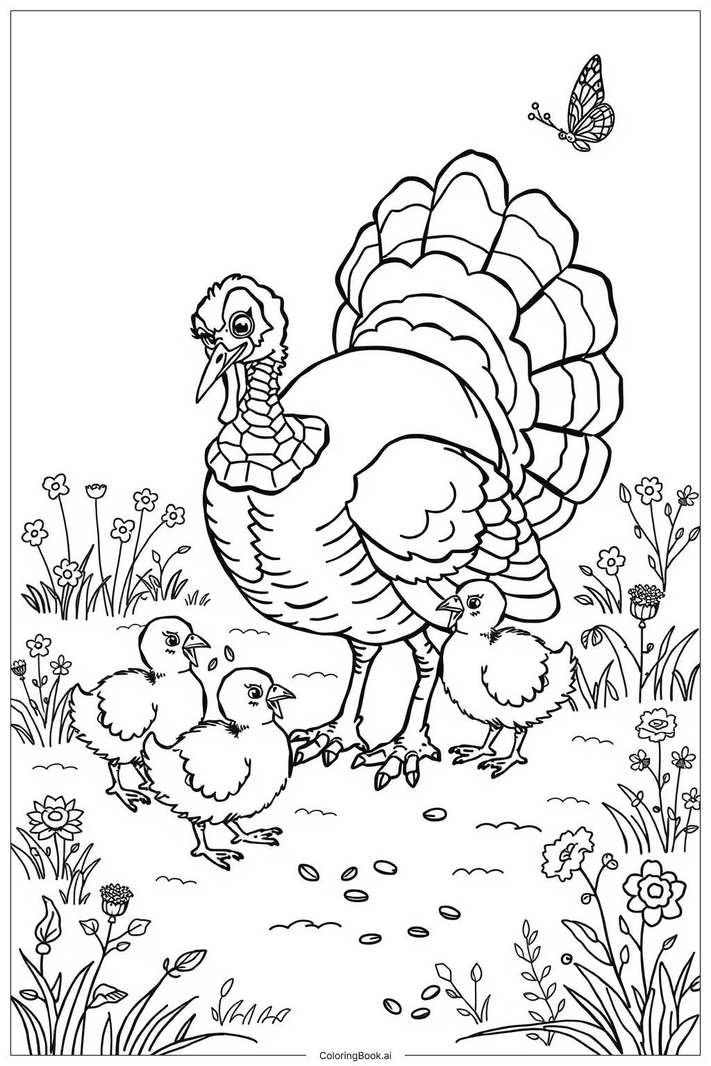  Turkey Mother Babies-2 Coloring Page 