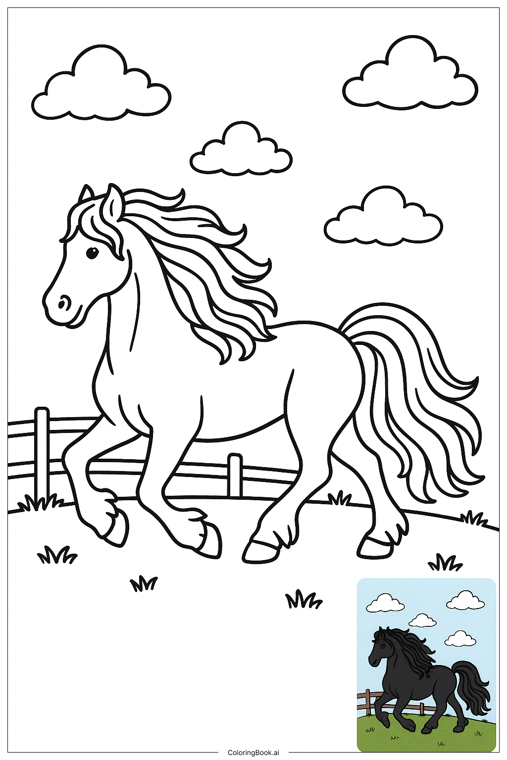  フリジアンホースと流れるたてがみの塗り絵ページ 