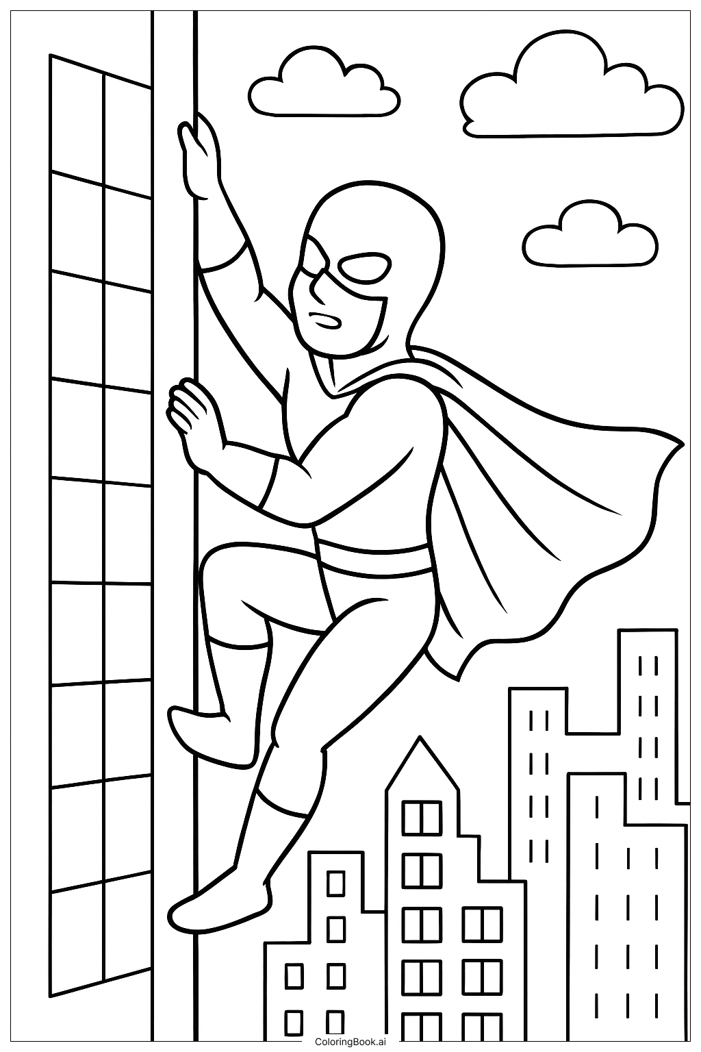 Superheld klettert an einem hohen Gebäude Ausmalseite