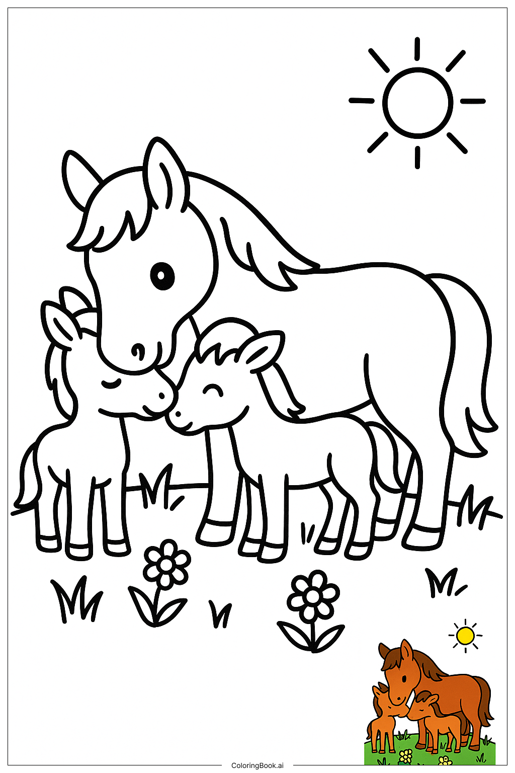  Página para colorir de Cavalinho Acariciando Mãe no Prado 