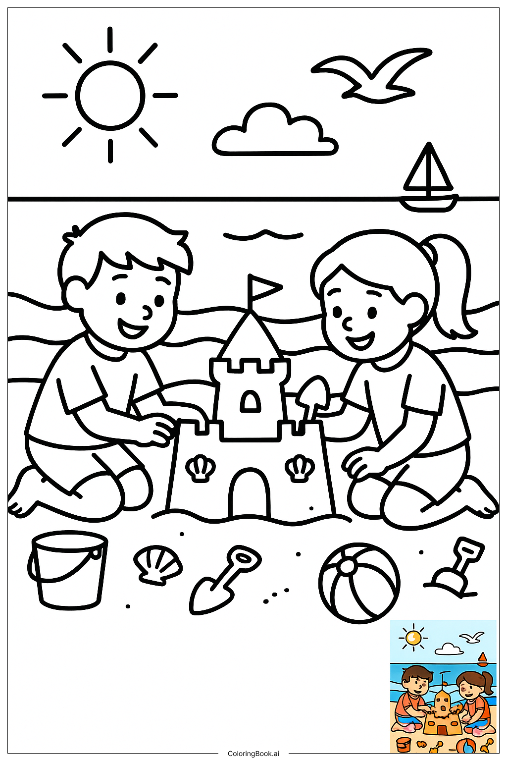  Friends Building A Sandcastle On Beach著色頁 