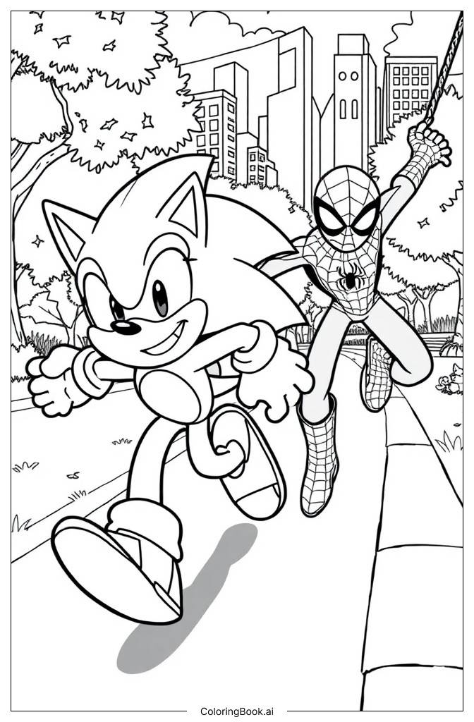  Página para colorir de Sonic e Homem-Aranha 