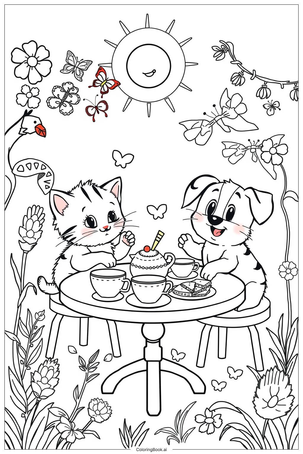  Página para colorear de Gatito y cachorro teniendo una fiesta de té 