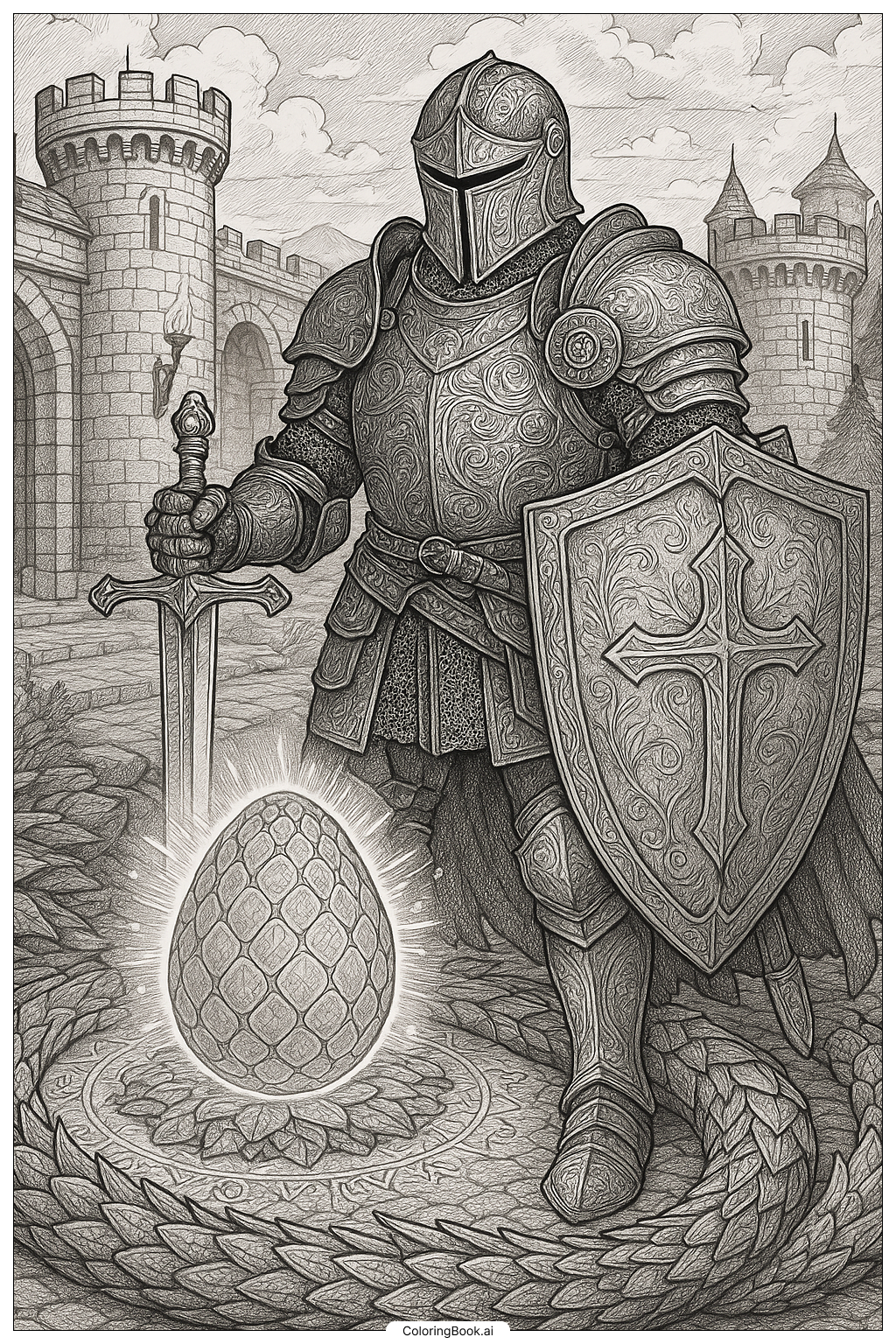  A Knight Guarding A Glowing Dragon Egg Coloring Page 
