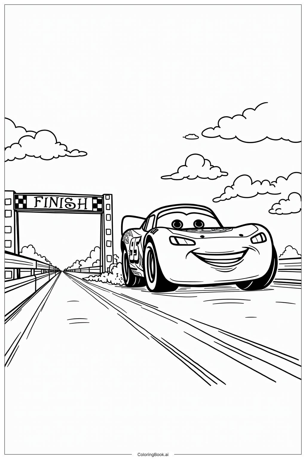  Page de coloriage Lightning McQueen franchissant la ligne d'arrivée 