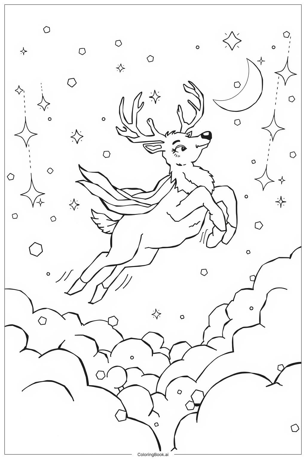  Page de coloriage renne volant la nuit 