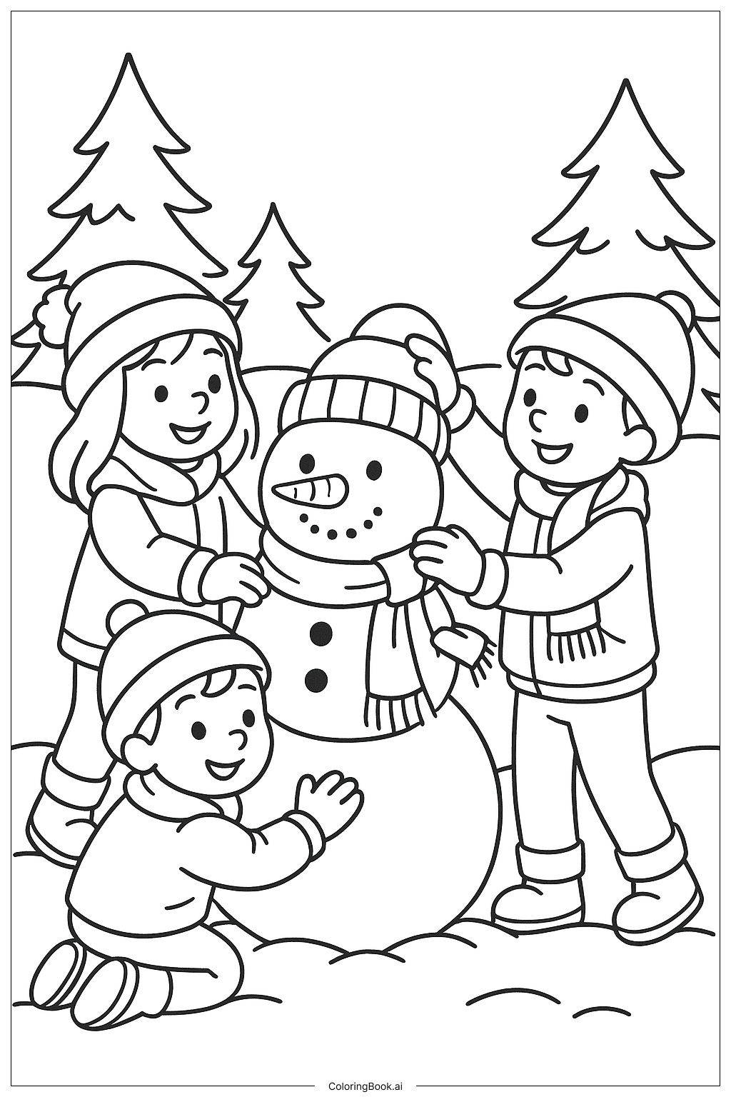  冬に一緒に雪だるまを作ろうの塗り絵ページ 