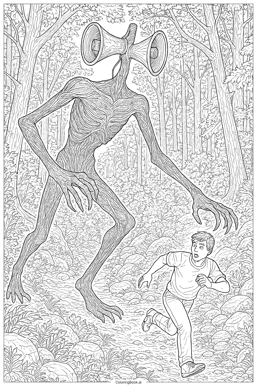 Page de coloriage Siren Head poursuivant à travers une forêt dense 