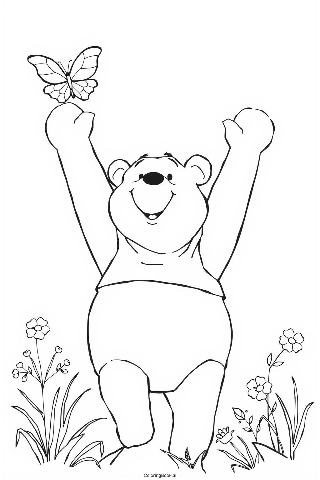  Página para colorir de winnie the pooh perseguição da borboleta 