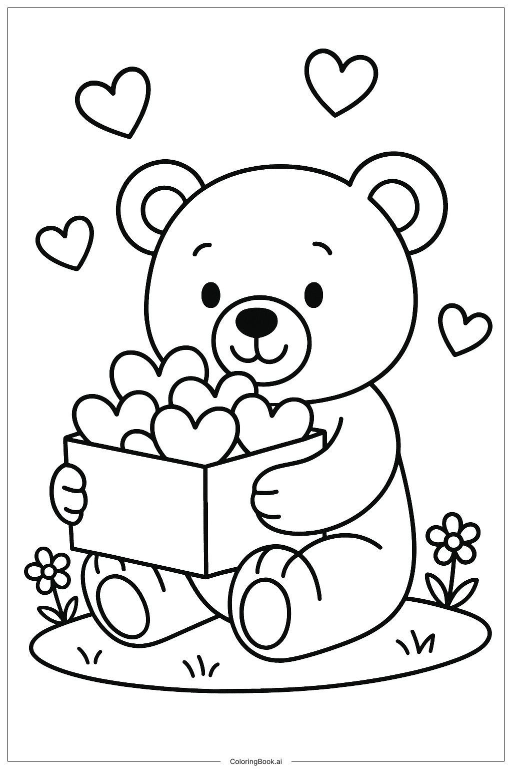  Valentine Teddy Bear With A Box Of Hearts Coloring Page 