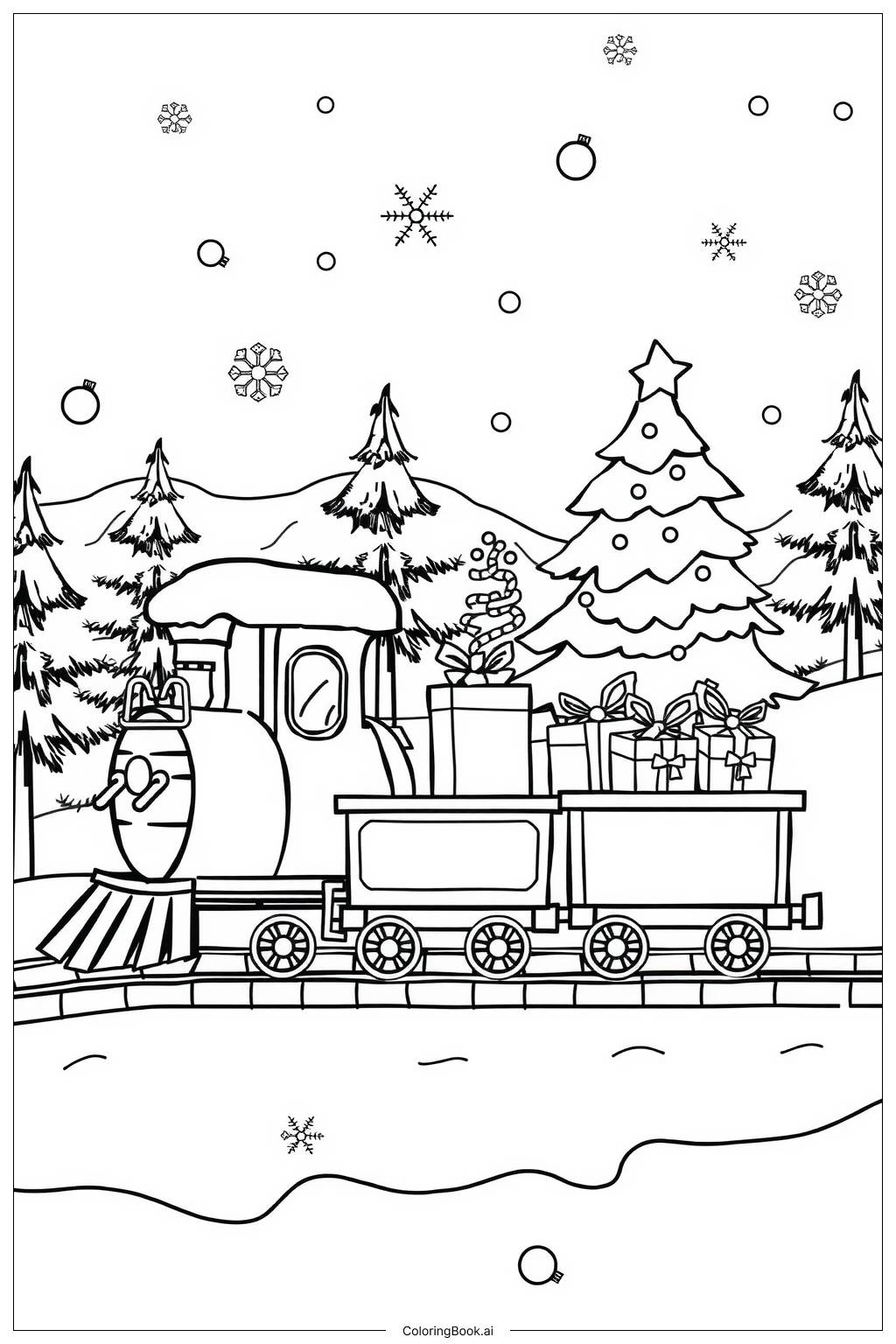  Página para colorir de trem de Natal entregando presentes na neve 