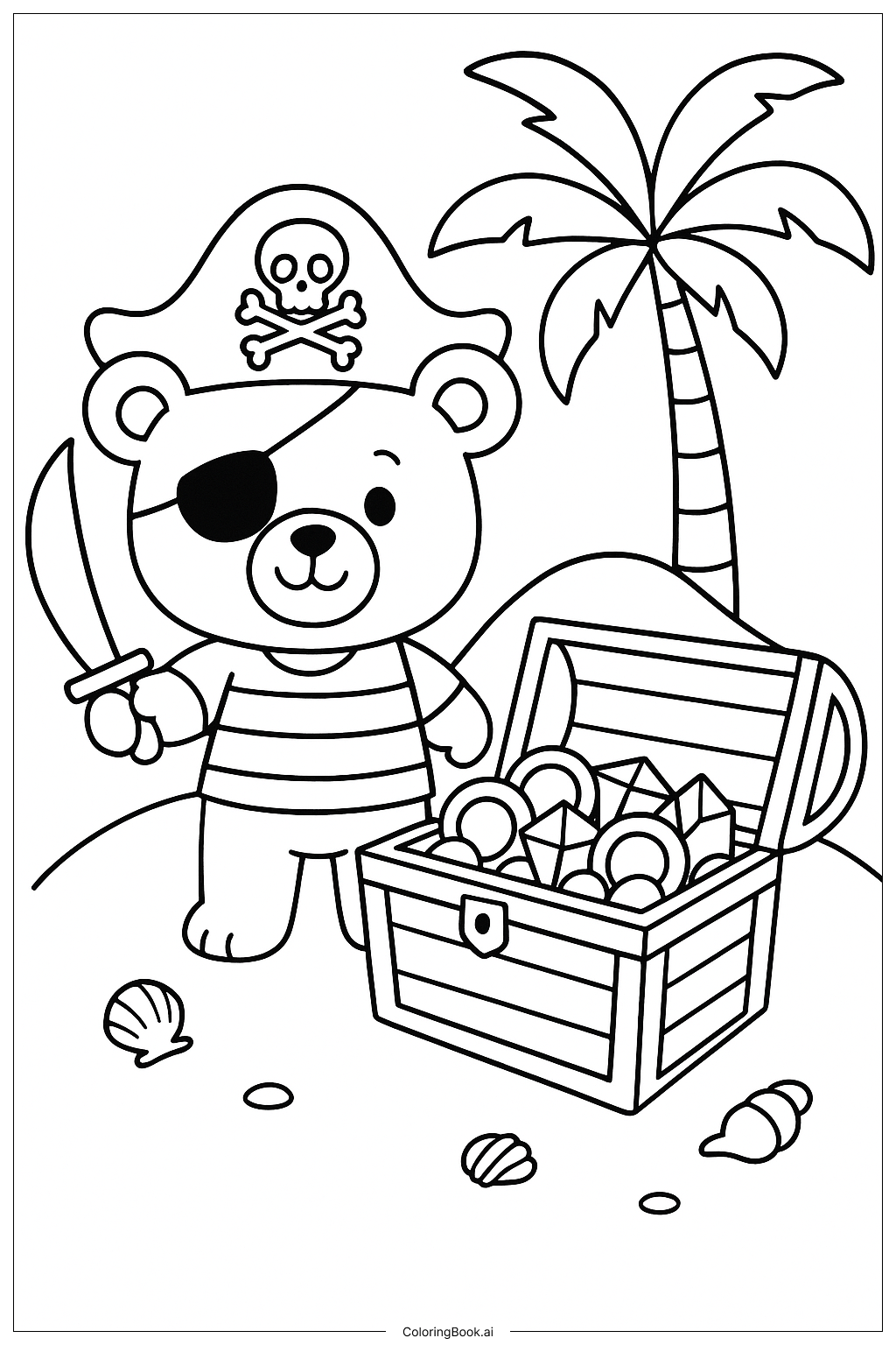  Teddy Bear Pirate With A Treasure Chest Coloring Page 