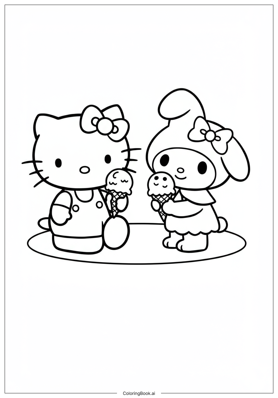  Hello Kitty and My Melody Sharing Ice Cream Coloring Page 