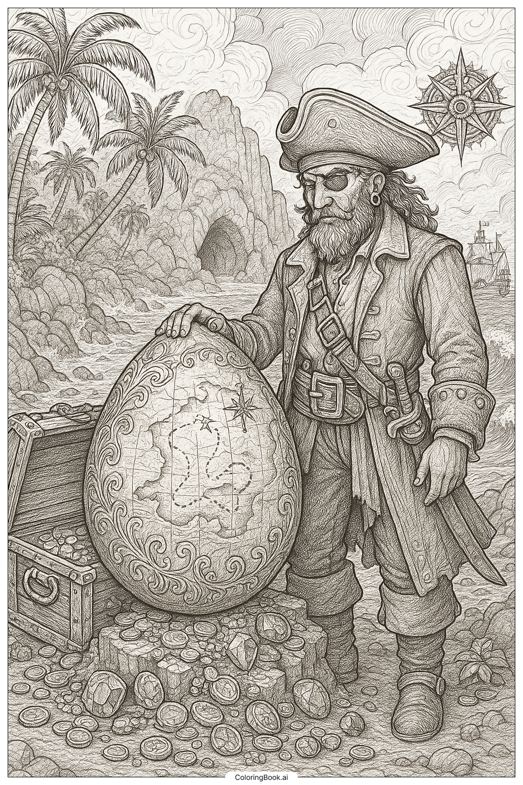  A Pirate Discovering A Treasure Map Egg Coloring Page 