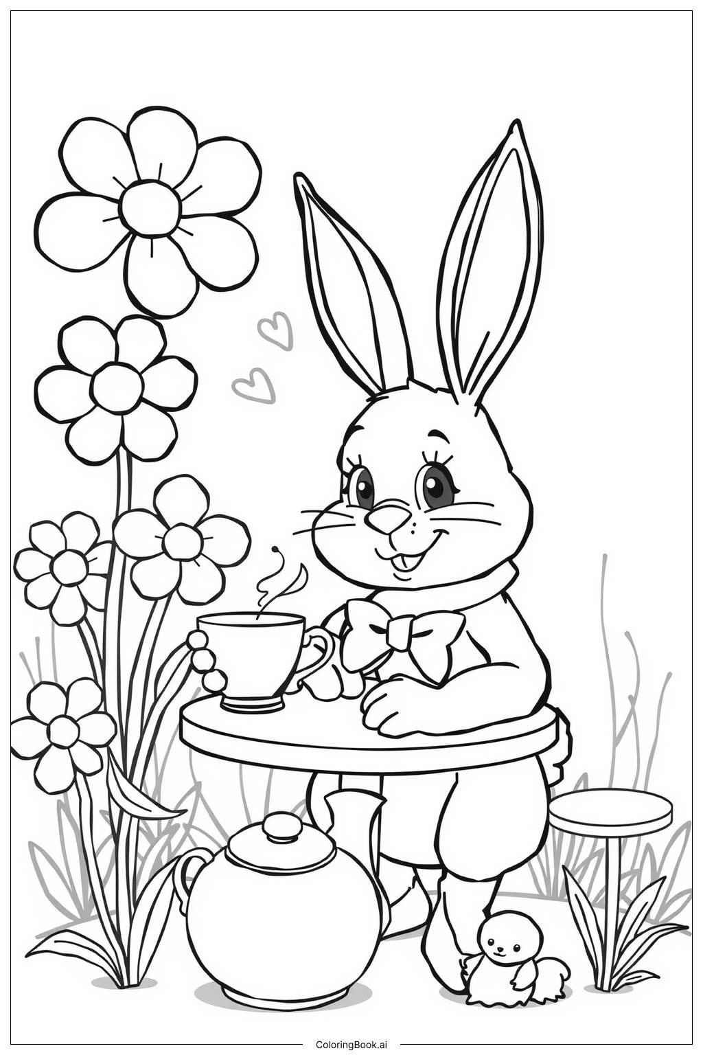  Bunny Tea Party Flowers Coloring Page 