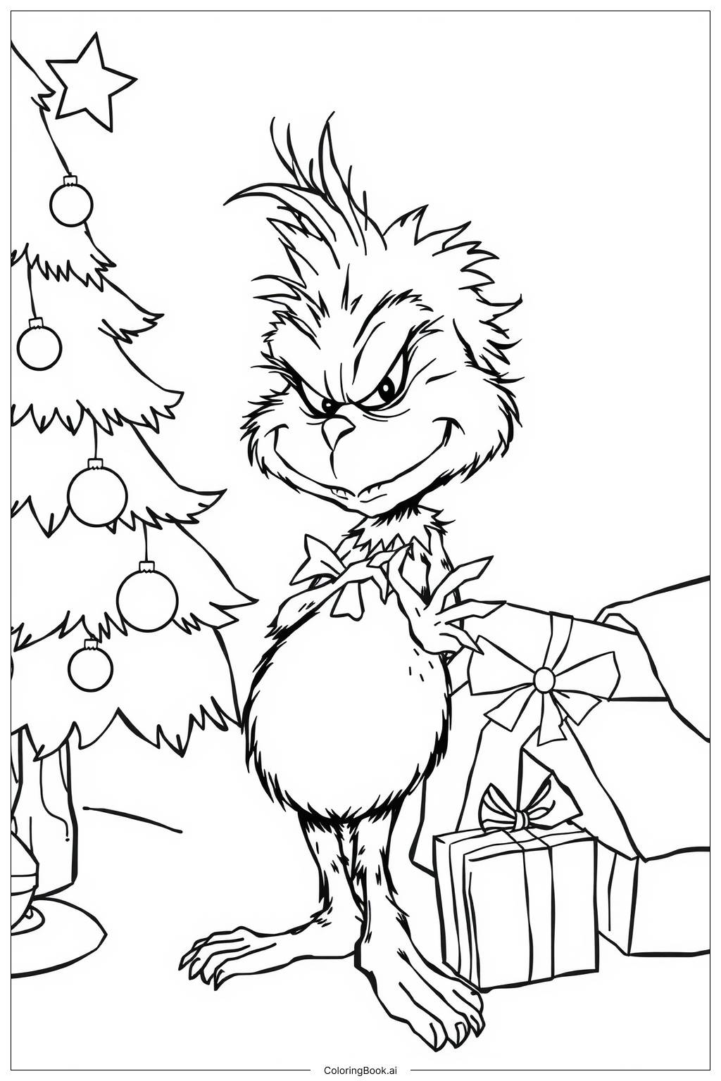  Page de coloriage Grinch décorant un sapin de Noël 